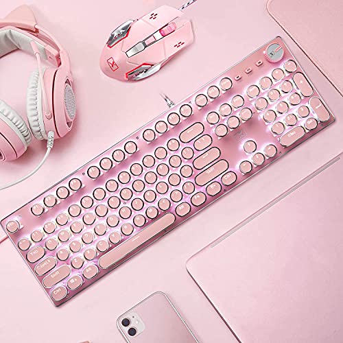 USB-Tastatur mit Kabel, mechanisch, blauer Schalter, Retro, Steampunk, Vintage, Schreibmaschinen-Stil, weiße LED-Hintergrundbeleuchtung, 104 Tasten, Anti-Ghosting + 2400 dpi, 6 Tasten, Gaming-Maus Bild 7