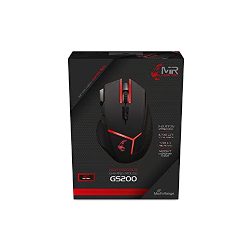 MediaRange Gaming Series kabelgebundene 9-Tasten Gaming-Maus mit optischem Sensor und Gewichtsmanagement, schwarz/rot Bild 1