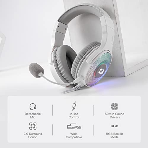 Redragon H350 RGB kabelgebundenes Gaming-Kopfhörer, dynamische RGB-Hintergrundbeleuchtung - Stereo-Surround-Sound - 50-mm-Treiber - abnehmbares Mikrofon, Over-Ear-Kopfhörer (Weiß) Bild 2