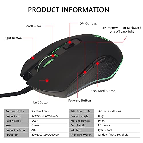 IULONEE Kabelgebundene Gaming-Maus USB C geräuscharmes Klicken 7 Farben Hintergrundbeleuchtung optische Typ-C Gaming-Maus mit 2400 DPI und 6 Tasten für PC Computer Laptop Desktop Mac Schwarz Bild 5