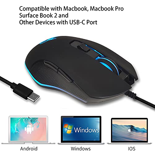 IULONEE Kabelgebundene Gaming-Maus USB C geräuscharmes Klicken 7 Farben Hintergrundbeleuchtung optische Typ-C Gaming-Maus mit 2400 DPI und 6 Tasten für PC Computer Laptop Desktop Mac Schwarz Bild 6