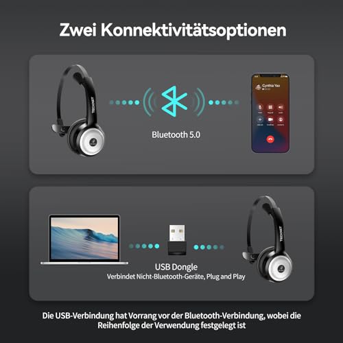 TECKNET Bluetooth PC Headset mit Mikrofon & USB Dongle [45 Std Anrufzeit & 10M Reichweite] kabelloses Headset mit Ladestation, Wireless Headset mit AI Rauschunterdrückung für Business,Büro,HomeOffice Bild 3