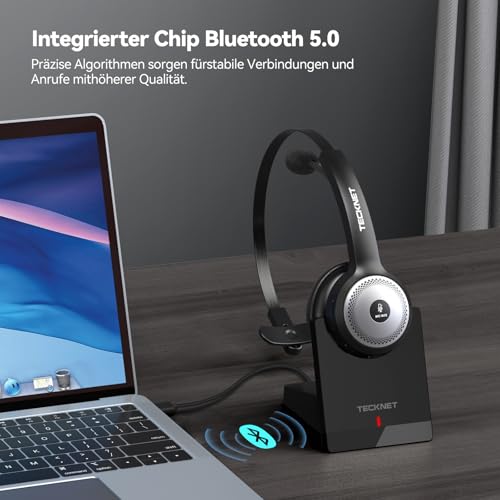 TECKNET Bluetooth PC Headset mit Mikrofon & USB Dongle [45 Std Anrufzeit & 10M Reichweite] kabelloses Headset mit Ladestation, Wireless Headset mit AI Rauschunterdrückung für Business,Büro,HomeOffice Bild 4