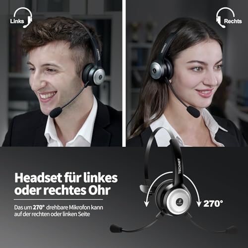 TECKNET Bluetooth PC Headset mit Mikrofon & USB Dongle [45 Std Anrufzeit & 10M Reichweite] kabelloses Headset mit Ladestation, Wireless Headset mit AI Rauschunterdrückung für Business,Büro,HomeOffice Bild 5