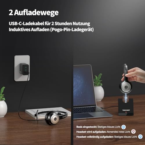 TECKNET Bluetooth PC Headset mit Mikrofon & USB Dongle [45 Std Anrufzeit & 10M Reichweite] kabelloses Headset mit Ladestation, Wireless Headset mit AI Rauschunterdrückung für Business,Büro,HomeOffice Bild 6