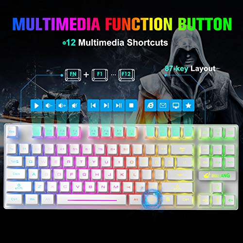 Kabellose Gaming-Tastatur und Maus, 87 Tasten, Regenbogen-LED-Hintergrundbeleuchtung, wiederaufladbar, 3800 mAh Akku, mechanisches Gefühl, Anti-Ghosting, ergonomisch, wasserdicht, RGB-Maus ((Weiß) Bild 2