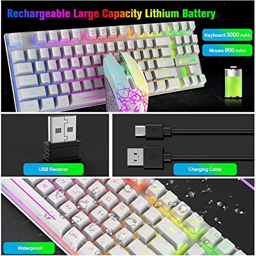 Kabellose Gaming-Tastatur und Maus, 87 Tasten, Regenbogen-LED-Hintergrundbeleuchtung, wiederaufladbar, 3800 mAh Akku, mechanisches Gefühl, Anti-Ghosting, ergonomisch, wasserdicht, RGB-Maus ((Weiß) Bild 3