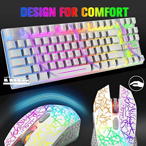 Kabellose Gaming-Tastatur und Maus, 87 Tasten, Regenbogen-LED-Hintergrundbeleuchtung, wiederaufladbar, 3800 mAh Akku, mechanisches Gefühl, Anti-Ghosting, ergonomisch, wasserdicht, RGB-Maus ((Weiß) Bild 5