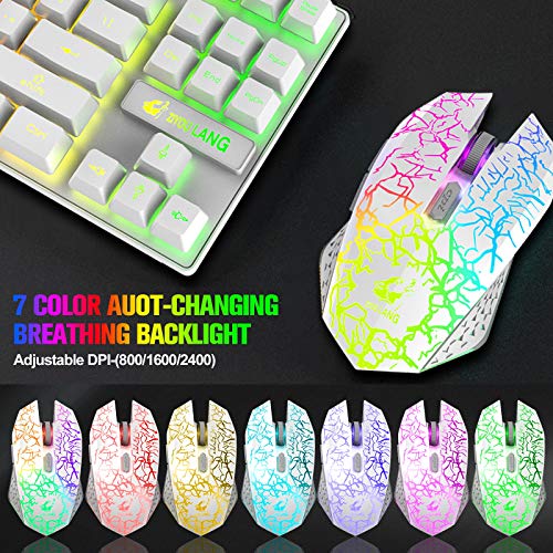 Kabellose Gaming-Tastatur und Maus, 87 Tasten, Regenbogen-LED-Hintergrundbeleuchtung, wiederaufladbar, 3800 mAh Akku, mechanisches Gefühl, Anti-Ghosting, ergonomisch, wasserdicht, RGB-Maus ((Weiß) Bild 7