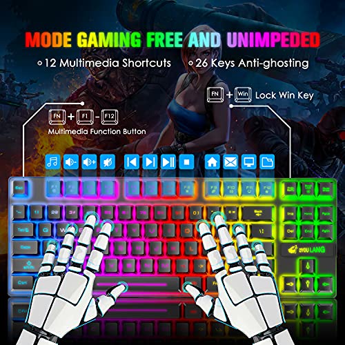Kabellose Gaming-Tastatur und Maus, 87 Tasten, Regenbogen-LED-Hintergrundbeleuchtung, wiederaufladbar, 3800 mAh Akku, mechanisches Gefühl, Anti-Ghosting, ergonomisch, wasserdicht, RGB-Maus (schwarz) Bild 2