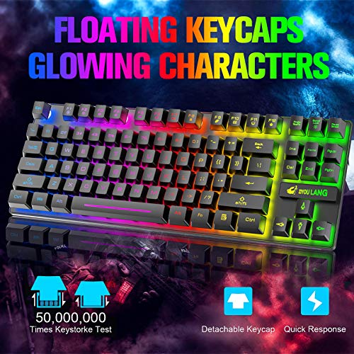 Kabellose Gaming-Tastatur und Maus, 87 Tasten, Regenbogen-LED-Hintergrundbeleuchtung, wiederaufladbar, 3800 mAh Akku, mechanisches Gefühl, Anti-Ghosting, ergonomisch, wasserdicht, RGB-Maus (schwarz) Bild 3