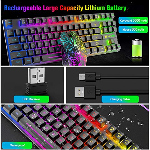 Kabellose Gaming-Tastatur und Maus, 87 Tasten, Regenbogen-LED-Hintergrundbeleuchtung, wiederaufladbar, 3800 mAh Akku, mechanisches Gefühl, Anti-Ghosting, ergonomisch, wasserdicht, RGB-Maus (schwarz) Bild 4