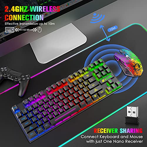 Kabellose Gaming-Tastatur und Maus, 87 Tasten, Regenbogen-LED-Hintergrundbeleuchtung, wiederaufladbar, 3800 mAh Akku, mechanisches Gefühl, Anti-Ghosting, ergonomisch, wasserdicht, RGB-Maus (schwarz) Bild 5