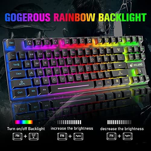 Kabellose Gaming-Tastatur und Maus, 87 Tasten, Regenbogen-LED-Hintergrundbeleuchtung, wiederaufladbar, 3800 mAh Akku, mechanisches Gefühl, Anti-Ghosting, ergonomisch, wasserdicht, RGB-Maus (schwarz) Bild 6