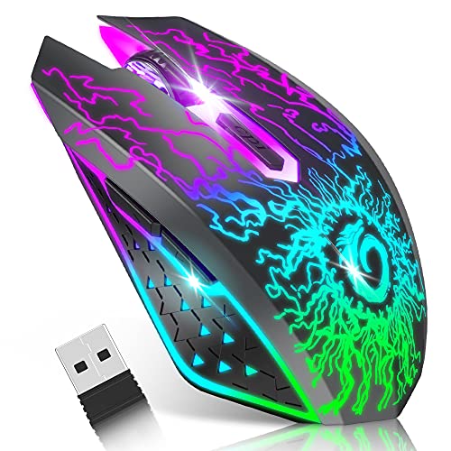 VersionTech Kabellose Gaming Maus, wiederaufladbare Computer Maus mit bunten LED Leuchten, leises Klicken, 2,4G USB Nano Empfänger, 3 DPI Stufen für PC Spieler Laptop Desktop Chromebook Mac Schwarz Bild 1