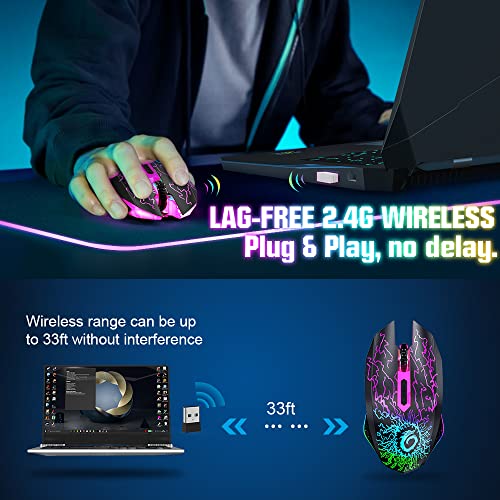 VersionTech Kabellose Gaming Maus, wiederaufladbare Computer Maus mit bunten LED Leuchten, leises Klicken, 2,4G USB Nano Empfänger, 3 DPI Stufen für PC Spieler Laptop Desktop Chromebook Mac Schwarz Bild 2