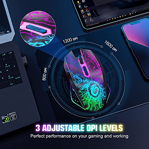VersionTech Kabellose Gaming Maus, wiederaufladbare Computer Maus mit bunten LED Leuchten, leises Klicken, 2,4G USB Nano Empfänger, 3 DPI Stufen für PC Spieler Laptop Desktop Chromebook Mac Schwarz Bild 3