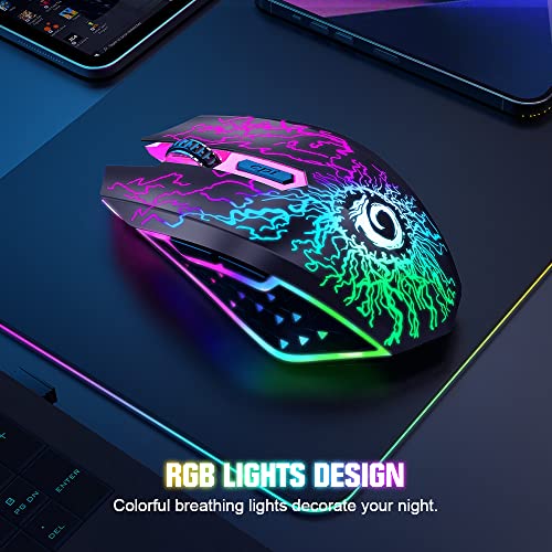 VersionTech Kabellose Gaming Maus, wiederaufladbare Computer Maus mit bunten LED Leuchten, leises Klicken, 2,4G USB Nano Empfänger, 3 DPI Stufen für PC Spieler Laptop Desktop Chromebook Mac Schwarz Bild 4