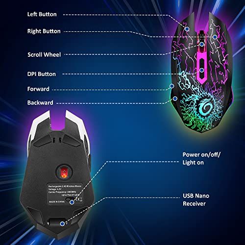 VersionTech Kabellose Gaming Maus, wiederaufladbare Computer Maus mit bunten LED Leuchten, leises Klicken, 2,4G USB Nano Empfänger, 3 DPI Stufen für PC Spieler Laptop Desktop Chromebook Mac Schwarz Bild 5