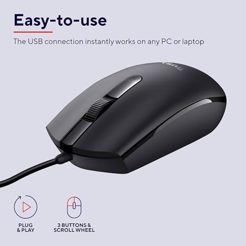 Trust Basi PC Maus mit Kabel, USB Maus mit 3 Tasten, Optischer Sensor, Beidhändig, 160 cm Langes USB-Kabel, Computermaus für Laptop, PC, Mac - Schwarz Bild 2