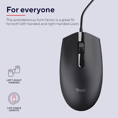 Trust Basi PC Maus mit Kabel, USB Maus mit 3 Tasten, Optischer Sensor, Beidhändig, 160 cm Langes USB-Kabel, Computermaus für Laptop, PC, Mac - Schwarz Bild 4