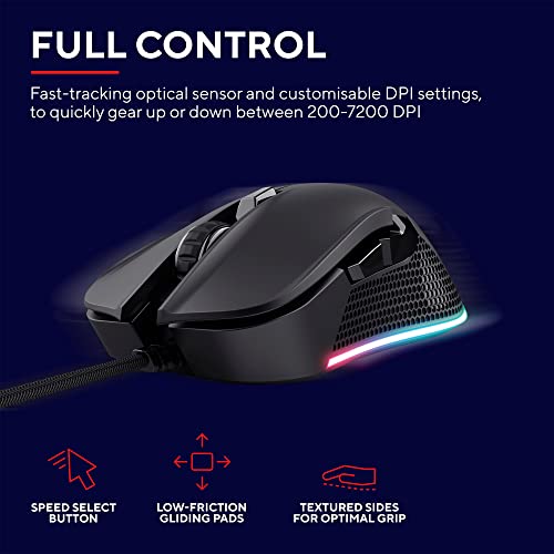 Trust Gaming GXT 922 Ybar Gaming Maus mit RGB LED-Beleuchtung, 200-7200 DPI, USB Kabel 2,1 m, Erweiterte Software, PC Maus mit 6 Programmierbare Tasten für Computer und Laptop - Schwarz Bild 3
