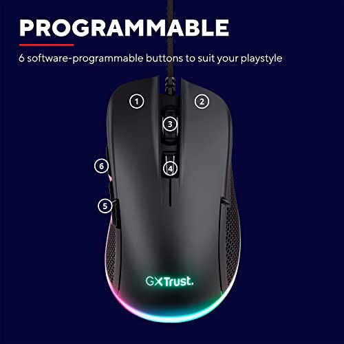 Trust Gaming GXT 922 Ybar Gaming Maus mit RGB LED-Beleuchtung, 200-7200 DPI, USB Kabel 2,1 m, Erweiterte Software, PC Maus mit 6 Programmierbare Tasten für Computer und Laptop - Schwarz Bild 6