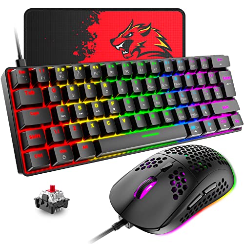 T60 Mini 60% Mechanische Tastatur-Maus-Sets, Kompakt 62 Tasten, Typ C Wired, 19 Hintergrundbeleuchtung Gaming-Tastatur + 6400 DPI RGB Maus + Mauspad, UK Layout für PC,Laptop - Schwarz/Rot Schalter Bild 1