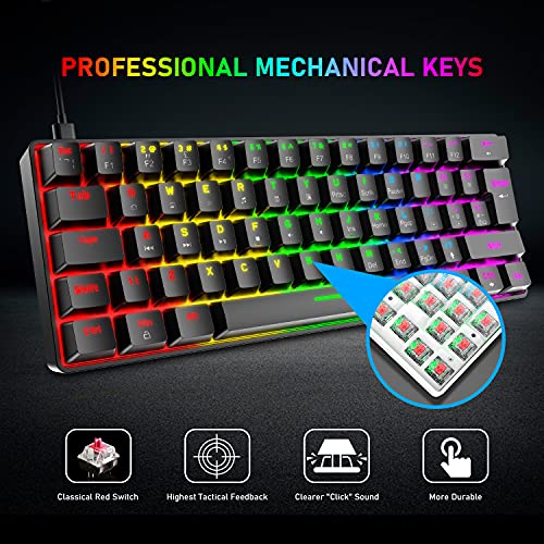 T60 Mini 60% Mechanische Tastatur-Maus-Sets, Kompakt 62 Tasten, Typ C Wired, 19 Hintergrundbeleuchtung Gaming-Tastatur + 6400 DPI RGB Maus + Mauspad, UK Layout für PC,Laptop - Schwarz/Rot Schalter Bild 2