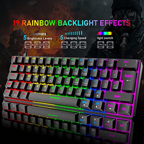 T60 Mini 60% Mechanische Tastatur-Maus-Sets, Kompakt 62 Tasten, Typ C Wired, 19 Hintergrundbeleuchtung Gaming-Tastatur + 6400 DPI RGB Maus + Mauspad, UK Layout für PC,Laptop - Schwarz/Rot Schalter Bild 3