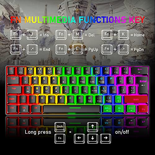 T60 Mini 60% Mechanische Tastatur-Maus-Sets, Kompakt 62 Tasten, Typ C Wired, 19 Hintergrundbeleuchtung Gaming-Tastatur + 6400 DPI RGB Maus + Mauspad, UK Layout für PC,Laptop - Schwarz/Rot Schalter Bild 4