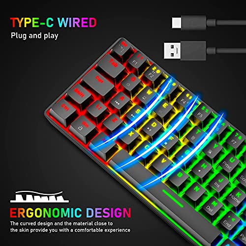 T60 Mini 60% Mechanische Tastatur-Maus-Sets, Kompakt 62 Tasten, Typ C Wired, 19 Hintergrundbeleuchtung Gaming-Tastatur + 6400 DPI RGB Maus + Mauspad, UK Layout für PC,Laptop - Schwarz/Rot Schalter Bild 5