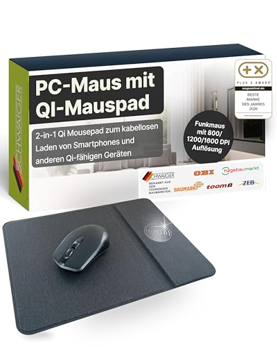 SCHWAIGER Kabellose PC-Maus mit QI-Mauspad I Computermouse mit Qi Ladepad I Funkmaus mit 800/1200/1600 DPI Auflösung I induktive Ladestation 10 W Bild 1