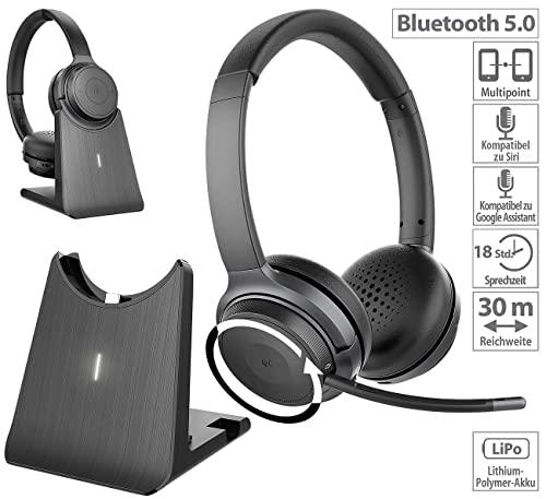 Callstel Musik Headset: Profi-Stereo-Headset mit Bluetooth 5, 18-Std.-Akku & 2in1-Ladestation (mit Schwanenhalsmikrofon, Streaming Kopfhörer) Bild 2