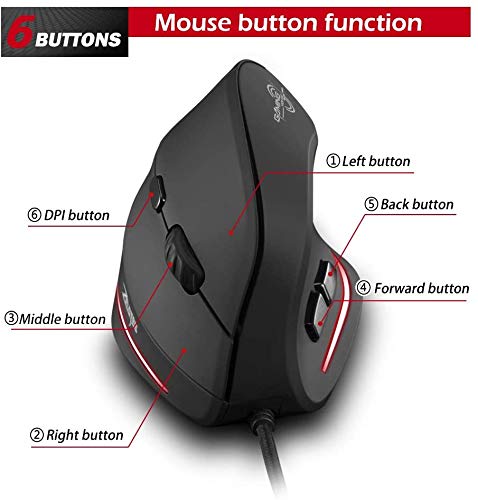 zelotes Ergonomische Maus,3200 DPI,6 Tasten,Vorbeugung Gegen Mausarm,USB Optische Vertikale Maus mit Kabel,Verdrahtete Mäuse für PC,Laptop,Computer,Mac,Schwarz Bild 5