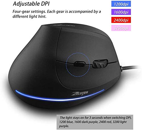 zelotes Ergonomische Maus,3200 DPI,6 Tasten,Vorbeugung Gegen Mausarm,USB Optische Vertikale Maus mit Kabel,Verdrahtete Mäuse für PC,Laptop,Computer,Mac,Schwarz Bild 6