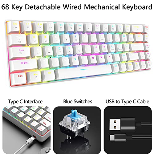 RGB Gaming Tastatur und Maus Set, 68 Tasten Blauer Schalter 60% Mini Chroma Mechanische Tastatur, 6400DPI Leichte Optische Waben Maus, USB-Kabel, Kompatibel mit Windows Mac PS4 XBox, Weiß Bild 3