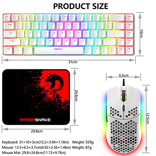 RGB Gaming Tastatur und Maus Set, 68 Tasten Blauer Schalter 60% Mini Chroma Mechanische Tastatur, 6400DPI Leichte Optische Waben Maus, USB-Kabel, Kompatibel mit Windows Mac PS4 XBox, Weiß Bild 6