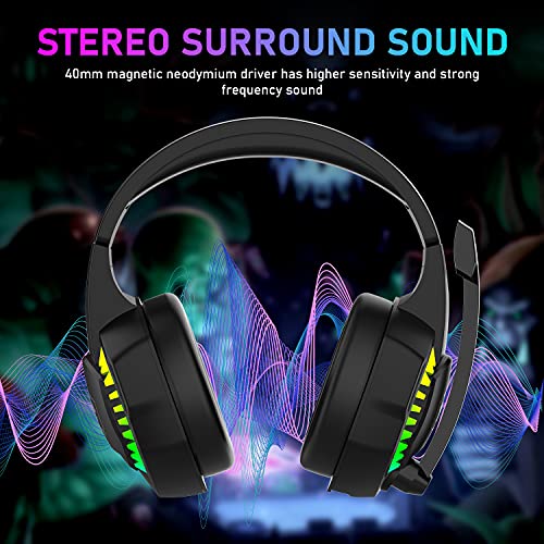 RGB-Gaming-Headset, 5.1-Kanal-Stereo-Surround-Sound, 3,5-mm-Kabel-LED-Over-Ear-Komfortkopfhörer mit Geräuschunterdrückungsmikrofon und Inline-Lautstärkeregler für PC Xbox One PS4 Laptop Mac (Schwarz) Bild 2
