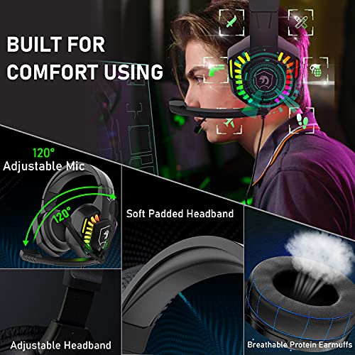 RGB-Gaming-Headset, 5.1-Kanal-Stereo-Surround-Sound, 3,5-mm-Kabel-LED-Over-Ear-Komfortkopfhörer mit Geräuschunterdrückungsmikrofon und Inline-Lautstärkeregler für PC Xbox One PS4 Laptop Mac (Schwarz) Bild 5