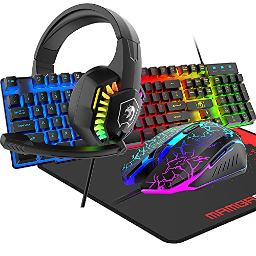 4-in-1 Gaming-Tastatur mit Kabel, 104 Tasten, 3D-Stereo-Gaming-Headset, Combo mit Multi-RGB-Hintergrundbeleuchtung, ergonomisches verstellbares Mikrofon, 2400 DPI, großes Mauspad, wasserdicht Bild 1