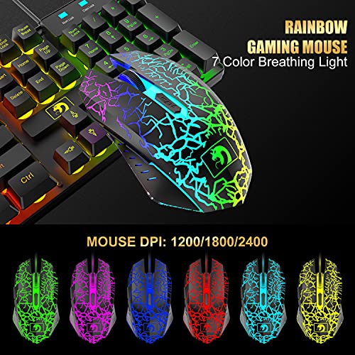 4-in-1 Gaming-Tastatur mit Kabel, 104 Tasten, 3D-Stereo-Gaming-Headset, Combo mit Multi-RGB-Hintergrundbeleuchtung, ergonomisches verstellbares Mikrofon, 2400 DPI, großes Mauspad, wasserdicht Bild 3