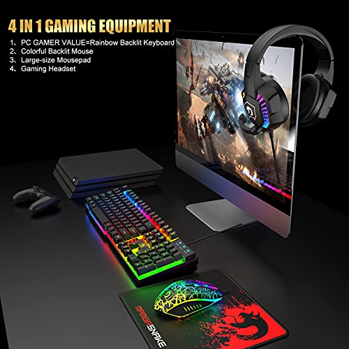 4-in-1 Gaming-Tastatur mit Kabel, 104 Tasten, 3D-Stereo-Gaming-Headset, Combo mit Multi-RGB-Hintergrundbeleuchtung, ergonomisches verstellbares Mikrofon, 2400 DPI, großes Mauspad, wasserdicht Bild 5