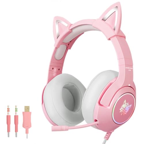 Gaming-Headset Pink, Abnehmbarer Cat Ear Kopfhörer, 7.1-Surround-Sound-Gaming-Headset mit Einstellbarer Geräuschunterdrückung, LED-Licht, einziehbarem Mikrofon Bild 1