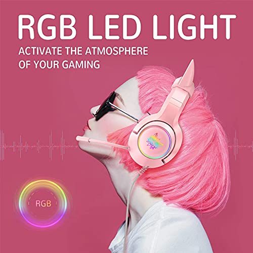 Gaming-Headset Pink, Abnehmbarer Cat Ear Kopfhörer, 7.1-Surround-Sound-Gaming-Headset mit Einstellbarer Geräuschunterdrückung, LED-Licht, einziehbarem Mikrofon Bild 2