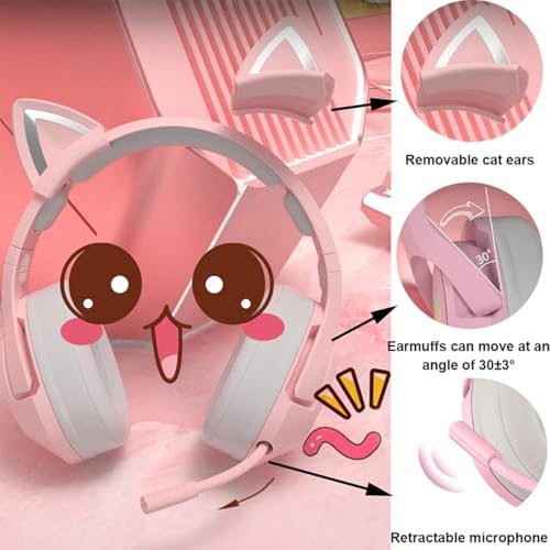 Gaming-Headset Pink, Abnehmbarer Cat Ear Kopfhörer, 7.1-Surround-Sound-Gaming-Headset mit Einstellbarer Geräuschunterdrückung, LED-Licht, einziehbarem Mikrofon Bild 3