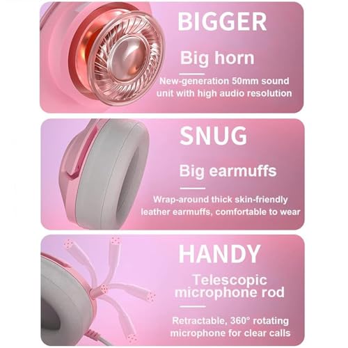 Gaming-Headset Pink, Abnehmbarer Cat Ear Kopfhörer, 7.1-Surround-Sound-Gaming-Headset mit Einstellbarer Geräuschunterdrückung, LED-Licht, einziehbarem Mikrofon Bild 4