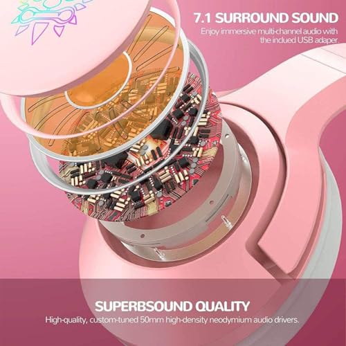 Gaming-Headset Pink, Abnehmbarer Cat Ear Kopfhörer, 7.1-Surround-Sound-Gaming-Headset mit Einstellbarer Geräuschunterdrückung, LED-Licht, einziehbarem Mikrofon Bild 5