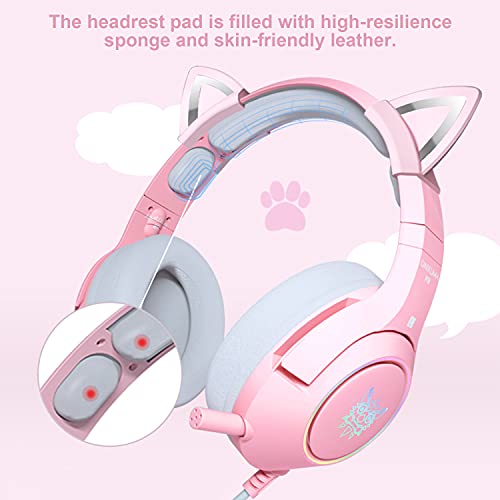Gaming-Headset Pink, Abnehmbarer Cat Ear Kopfhörer, 7.1-Surround-Sound-Gaming-Headset mit Einstellbarer Geräuschunterdrückung, LED-Licht, einziehbarem Mikrofon Bild 6