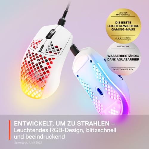 SteelSeries Aerox 3 - RGB Gaming-Mouse mit Öffnungen in der Oberfläche - Federleichtes, wasserabweisendes Design - Optischer TrueMove Core-Sensor mit 8.500 DPI - Snow Bild 3